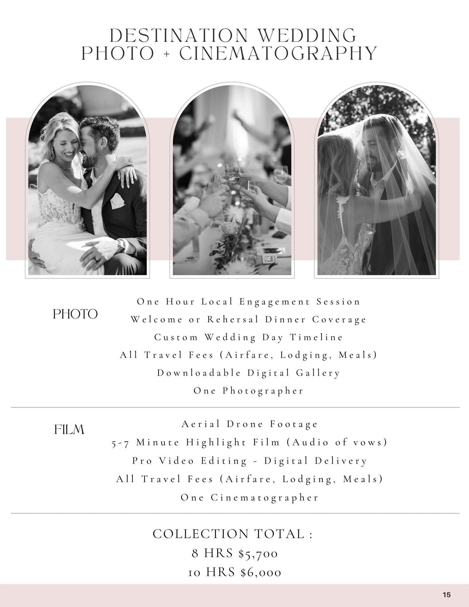 Black and white wedding photography collage featuring romantic couple portraits for destination wedding cinematography packages.