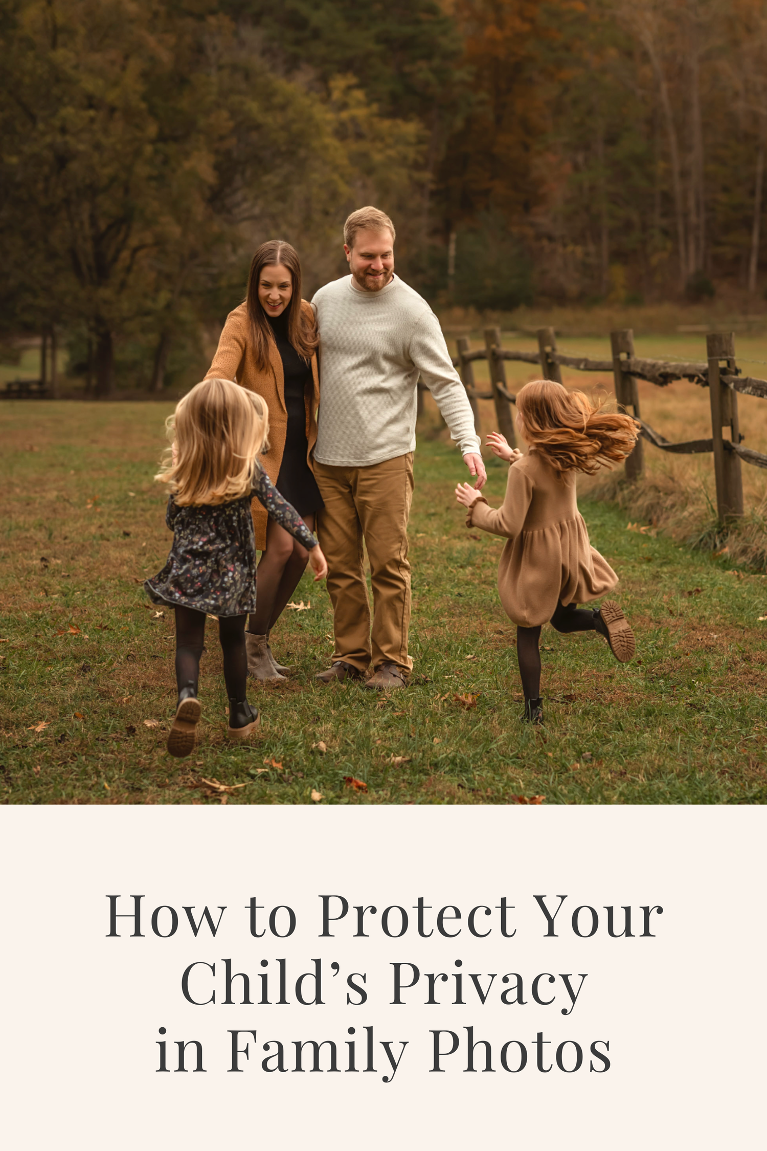 Family of four playing outdoors in autumn, with text on child privacy tips for family photos.