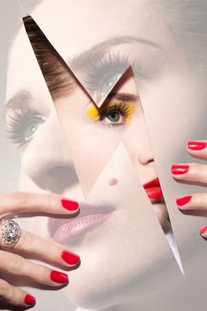 Creative composite portrait of woman with red nails and bold makeup, face split into geometric mirror-like fragments.