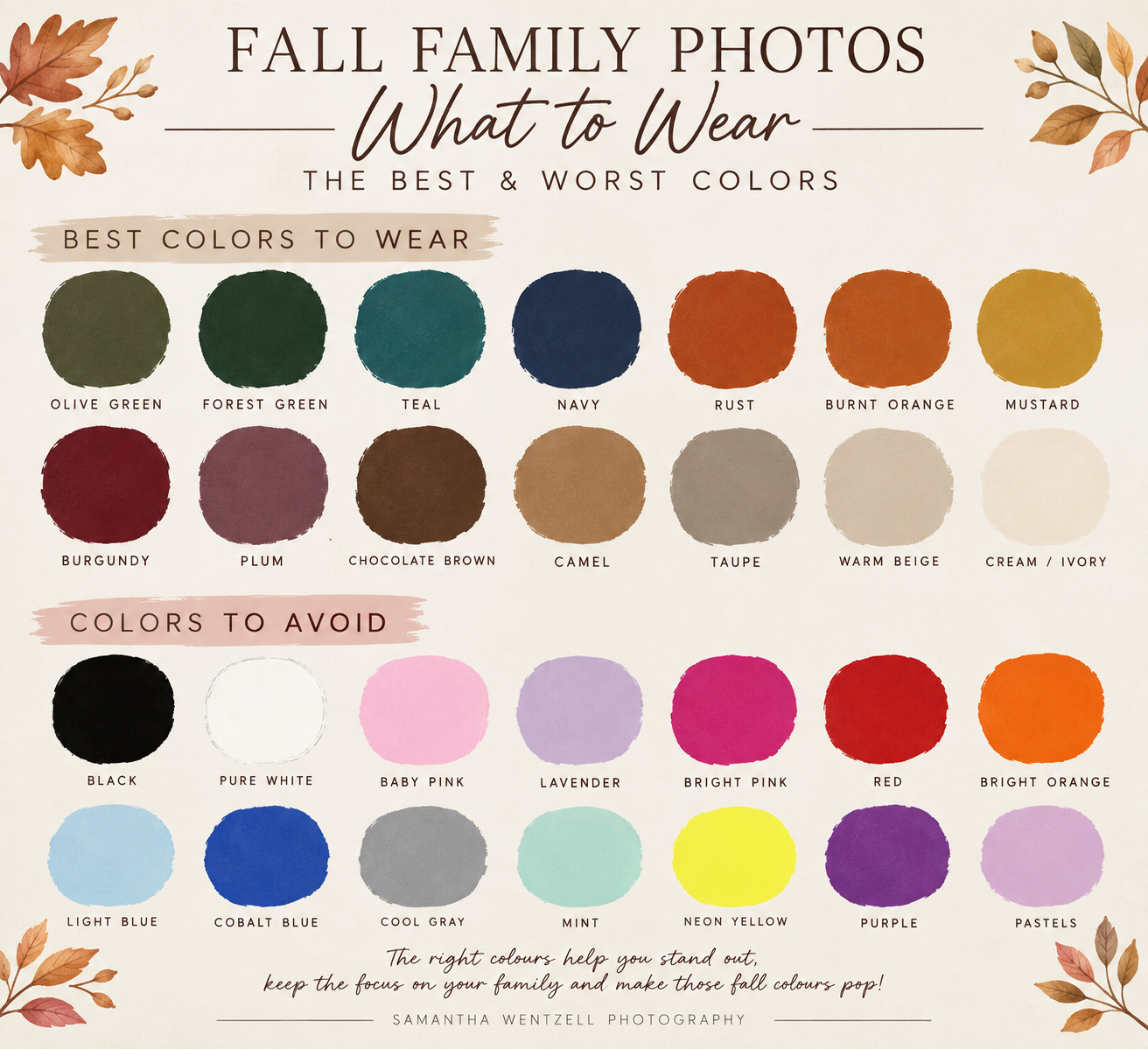 Fall family photos color guide showing best colors like olive, teal, burgundy and colors to avoid like black, pink, bright orange.