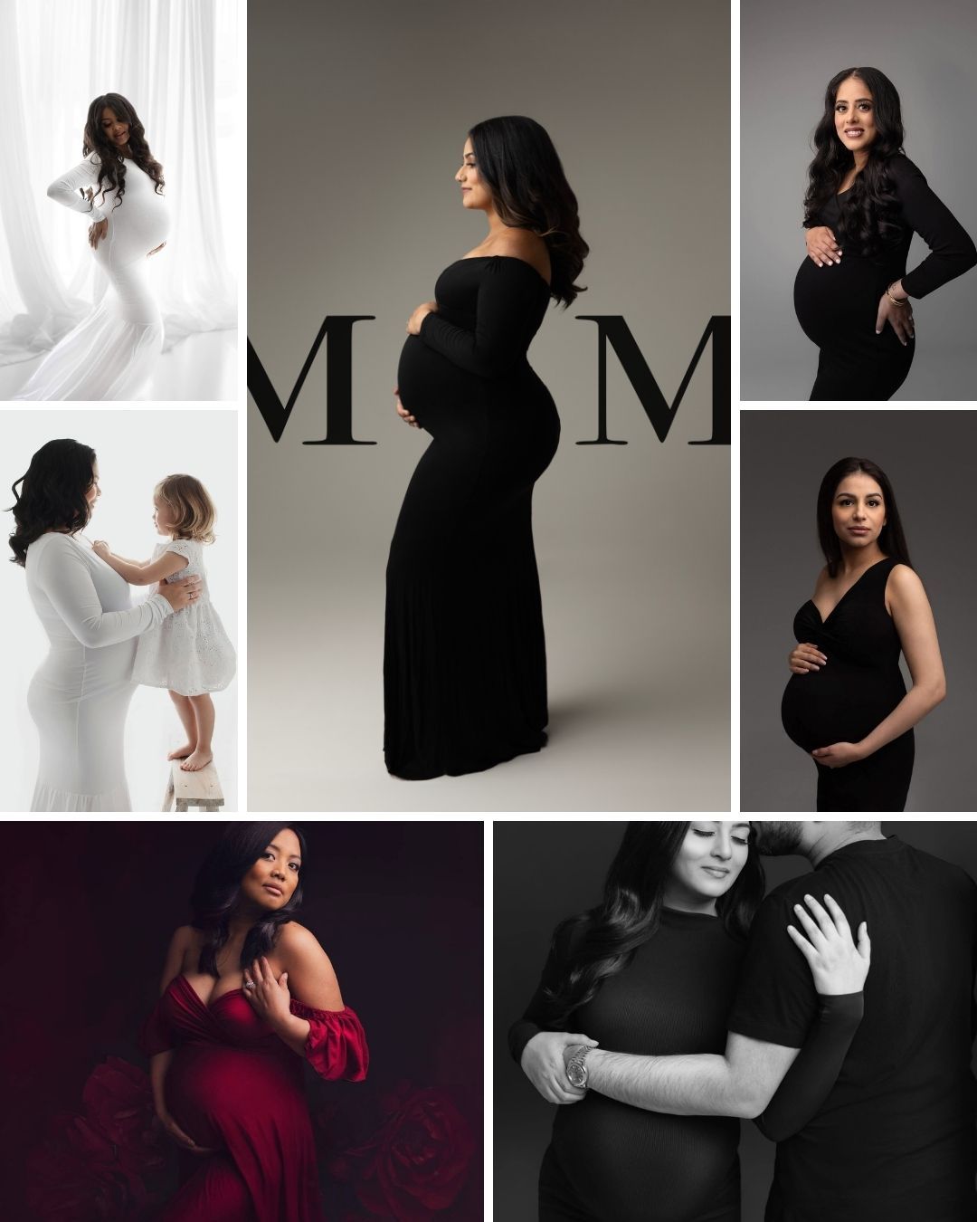 Elegant maternity photo collage featuring pregnant women in black, white, and red gowns, showcasing MOM text centerpiece.
