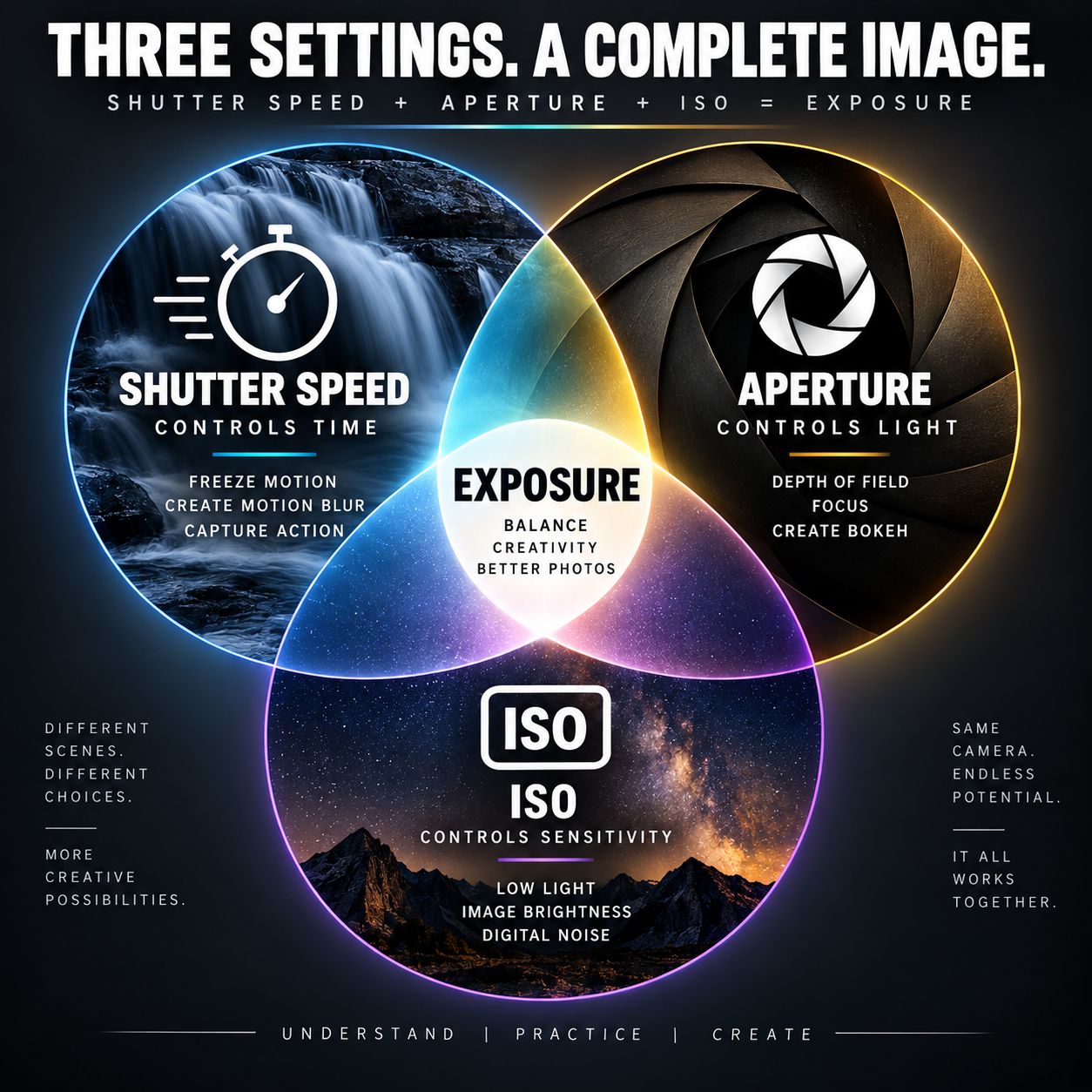 Infographic showing three camera settings: shutter speed, aperture, and ISO, forming a Venn diagram with exposure at center.
