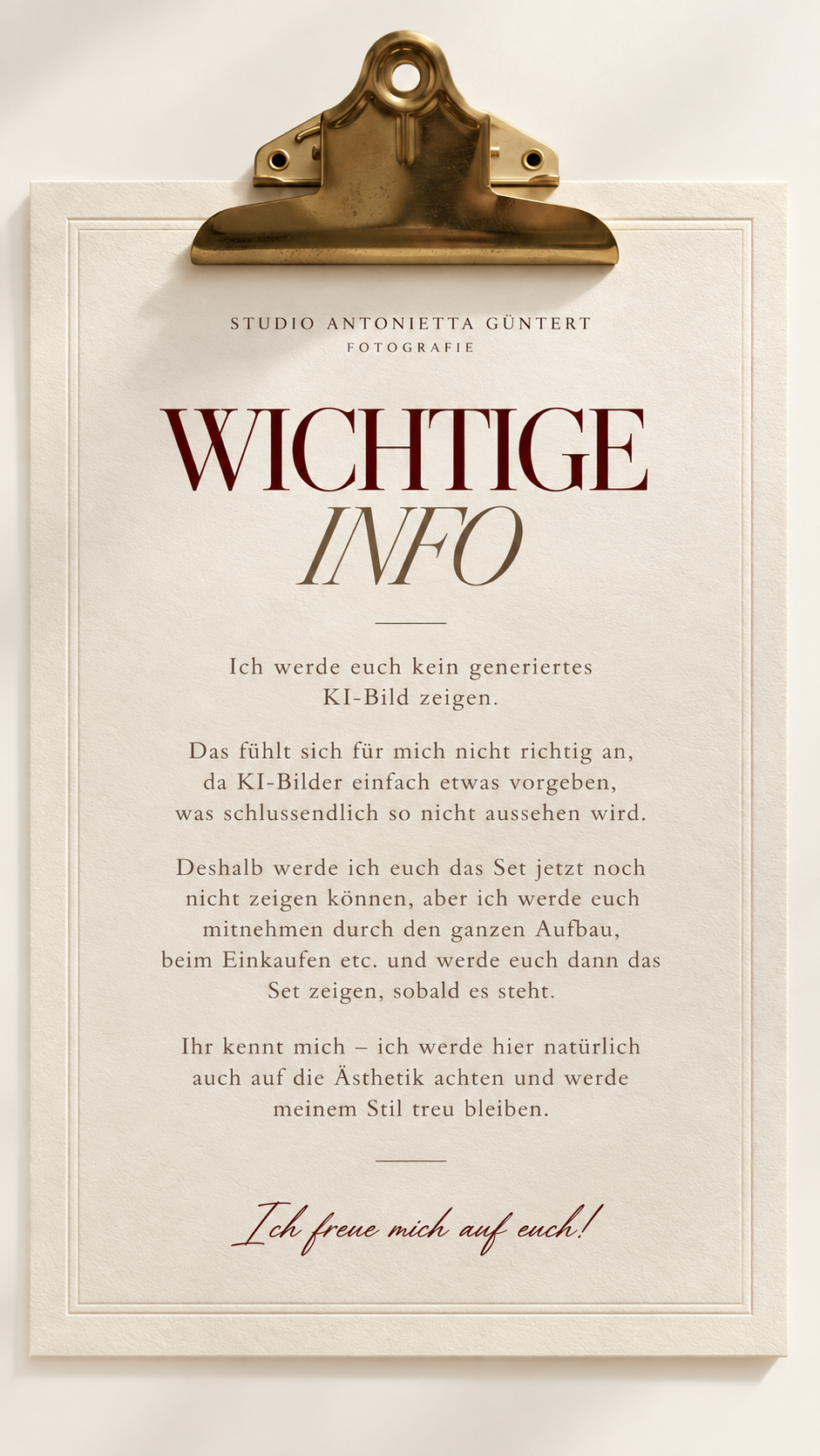 Elegant German photography studio announcement on clipboard with serif typography and cream background.