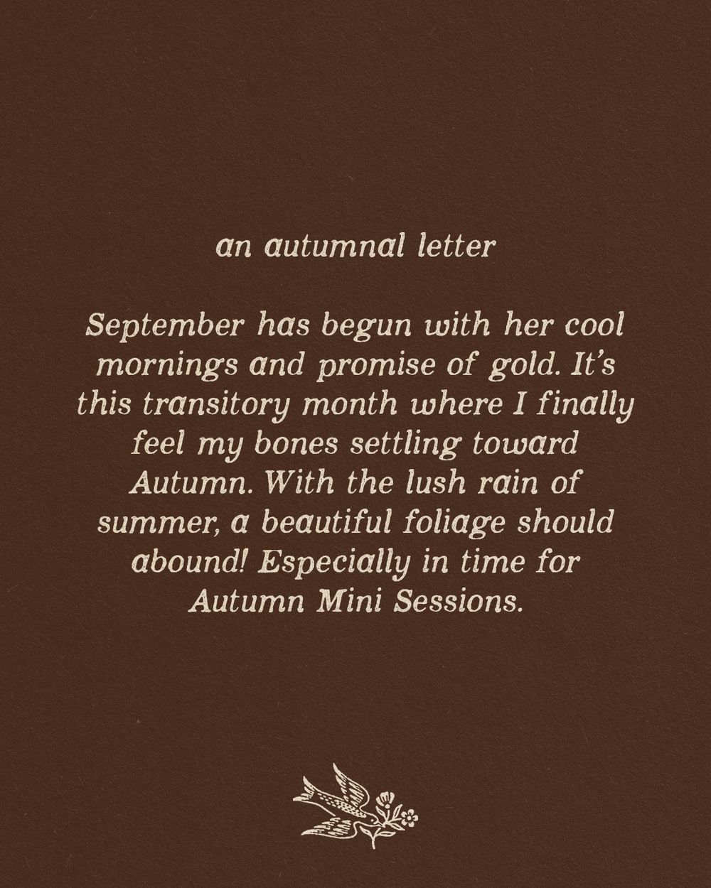 Brown card with cursive text reading an autumnal letter about September cool mornings and Autumn Mini Sessions with leaf design.
