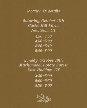 Fall event schedule card for Castle Hill Farm and Machimoodus State Forest in CT, October 17-18, with time slots listed.