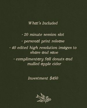 Dark green card detailing a $450 photography package with 20-min session, prints, 40 edited images, donuts and cider.