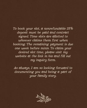 Brown card with white text detailing booking policy for mini sessions, requiring 25% nonrefundable deposit.