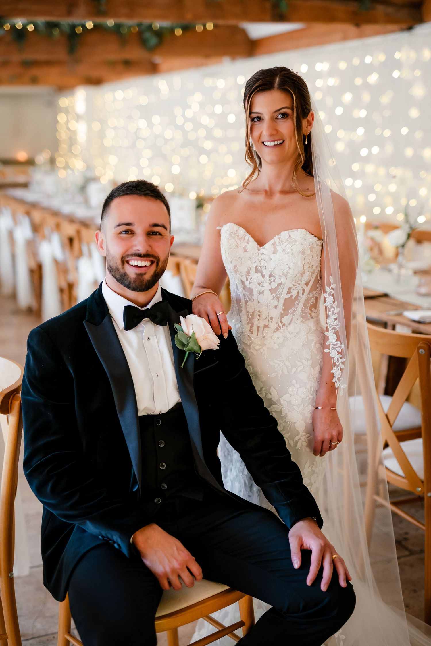 Bride and groom portrait inside Curradine Barns wedding venue