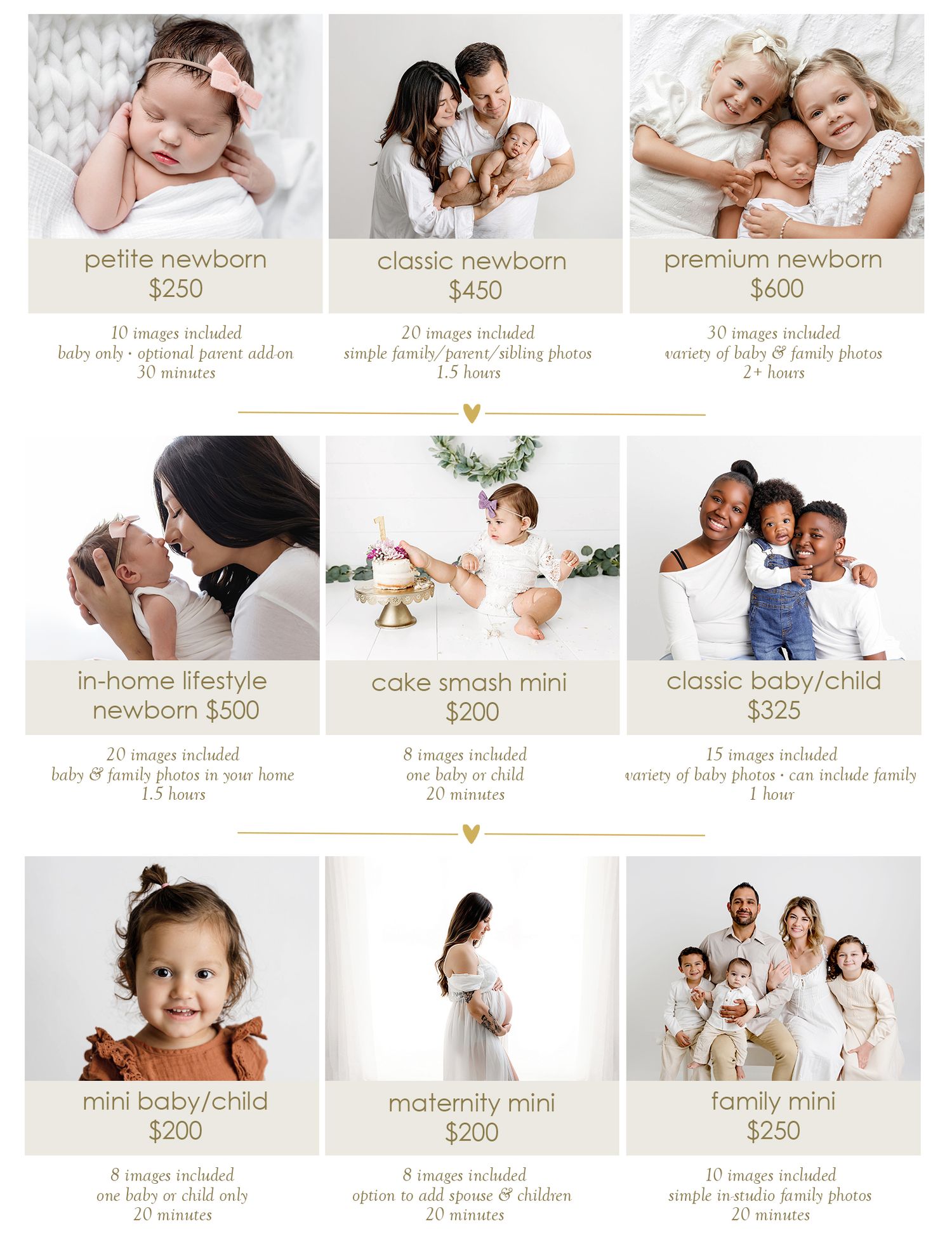 A photography pricing guide showcasing newborn, baby, maternity, and family session packages with sample photos and pricing details.