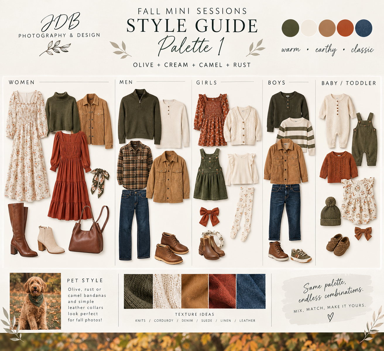 Fall mini session style guide palette with olive, cream, camel, and rust tones for women, men, girls, boys, and babies.