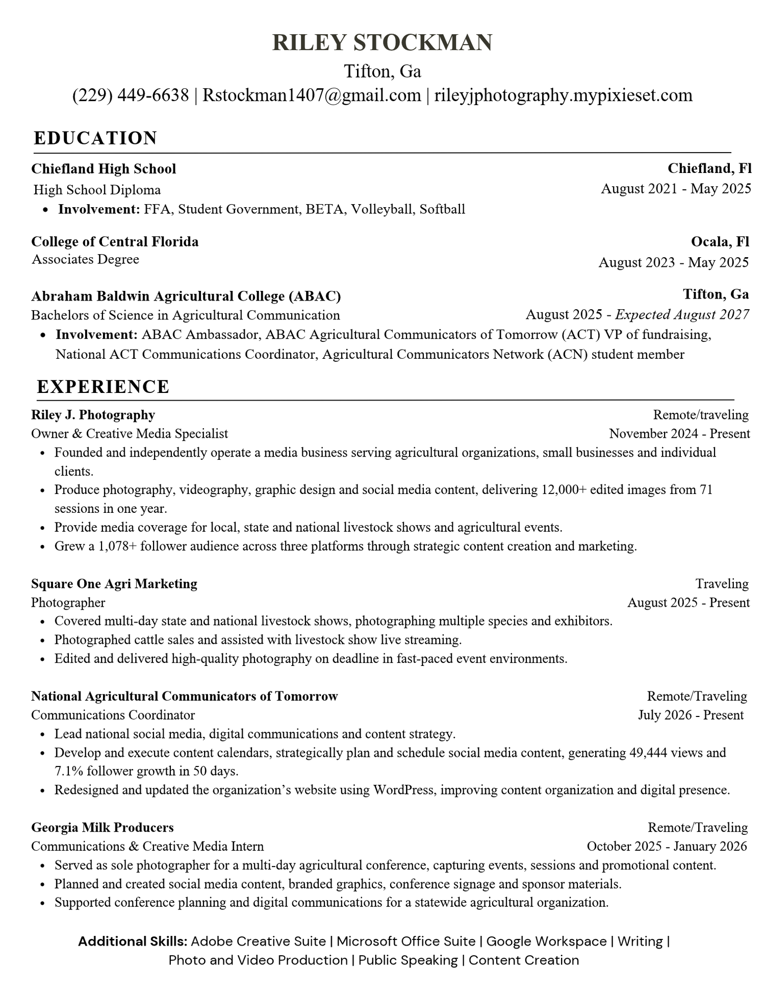 Resume of Riley Stockman, agricultural media specialist and owner of Riley J Photography.