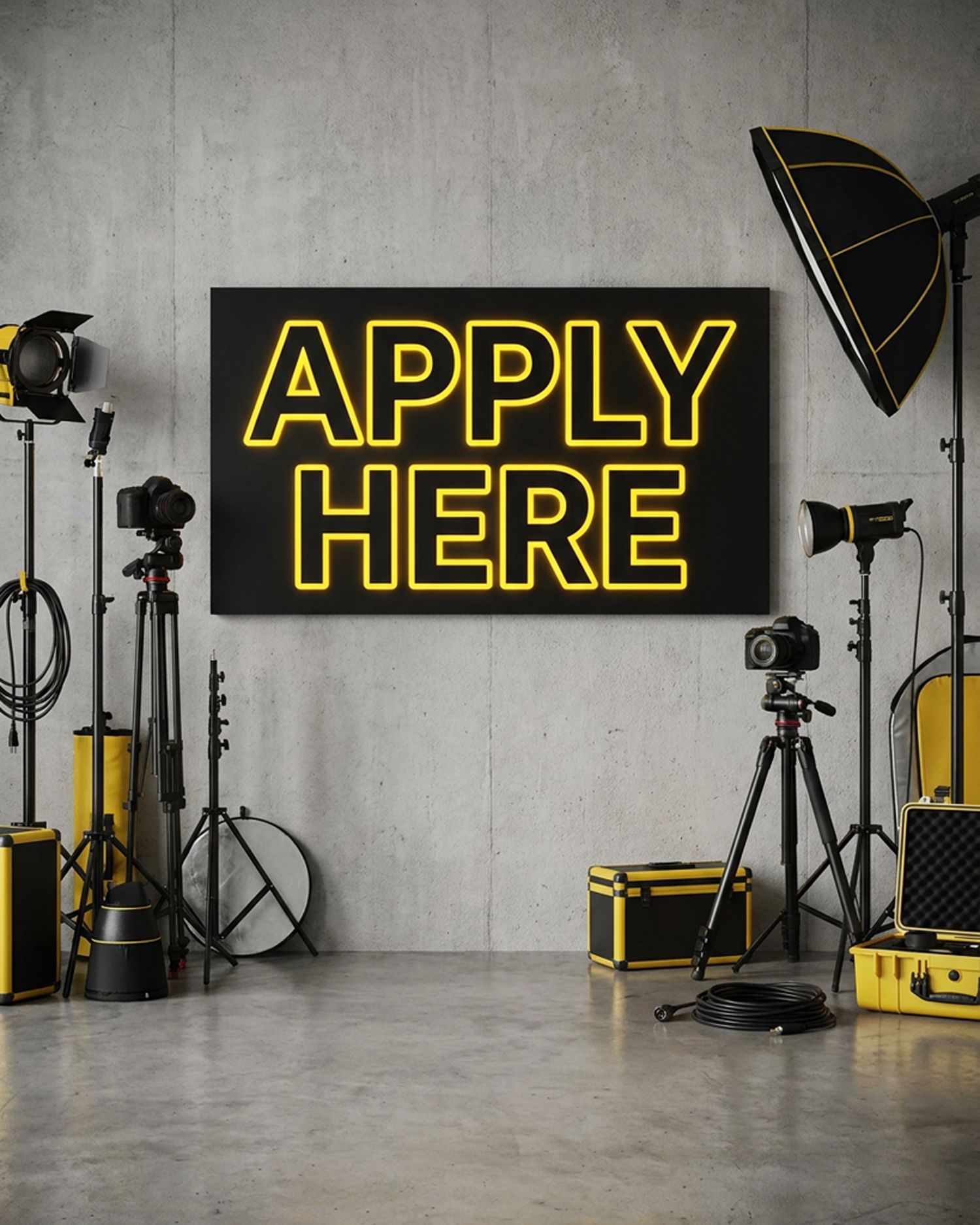Neon yellow APPLY HERE sign on black canvas surrounded by professional photography studio equipment.