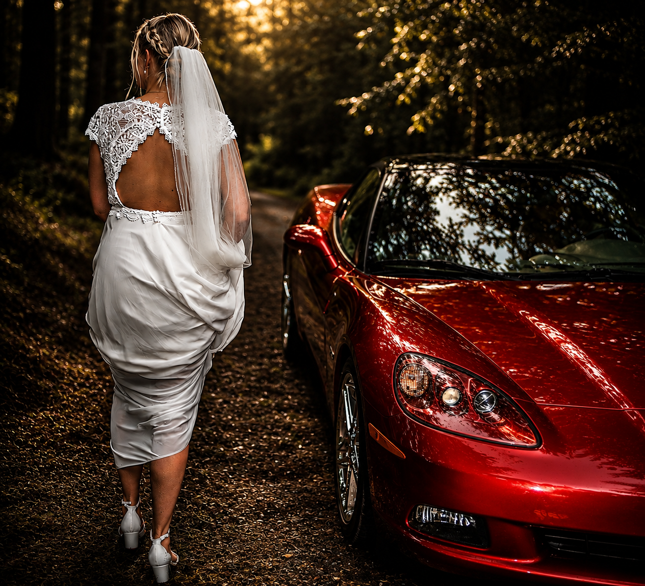 Bride in white lace wedding dress and veil standing beside a red Corvette on a forest path.