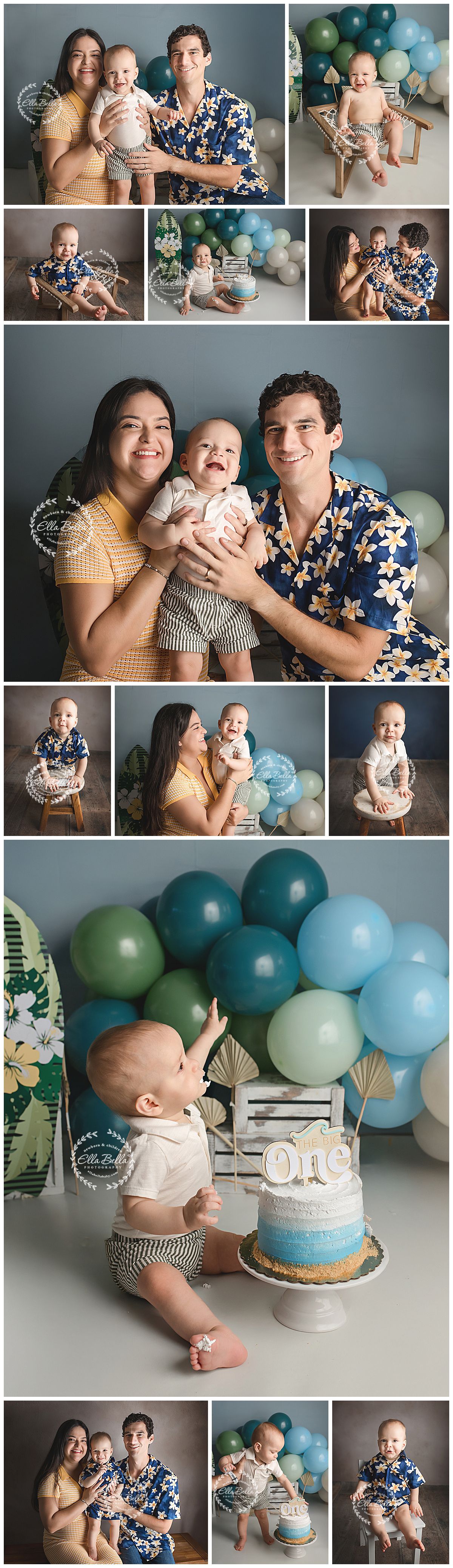 Family cake smash photo session with parents and baby boy, tropical balloon backdrop, blue ombre cake, one year birthday celebration.