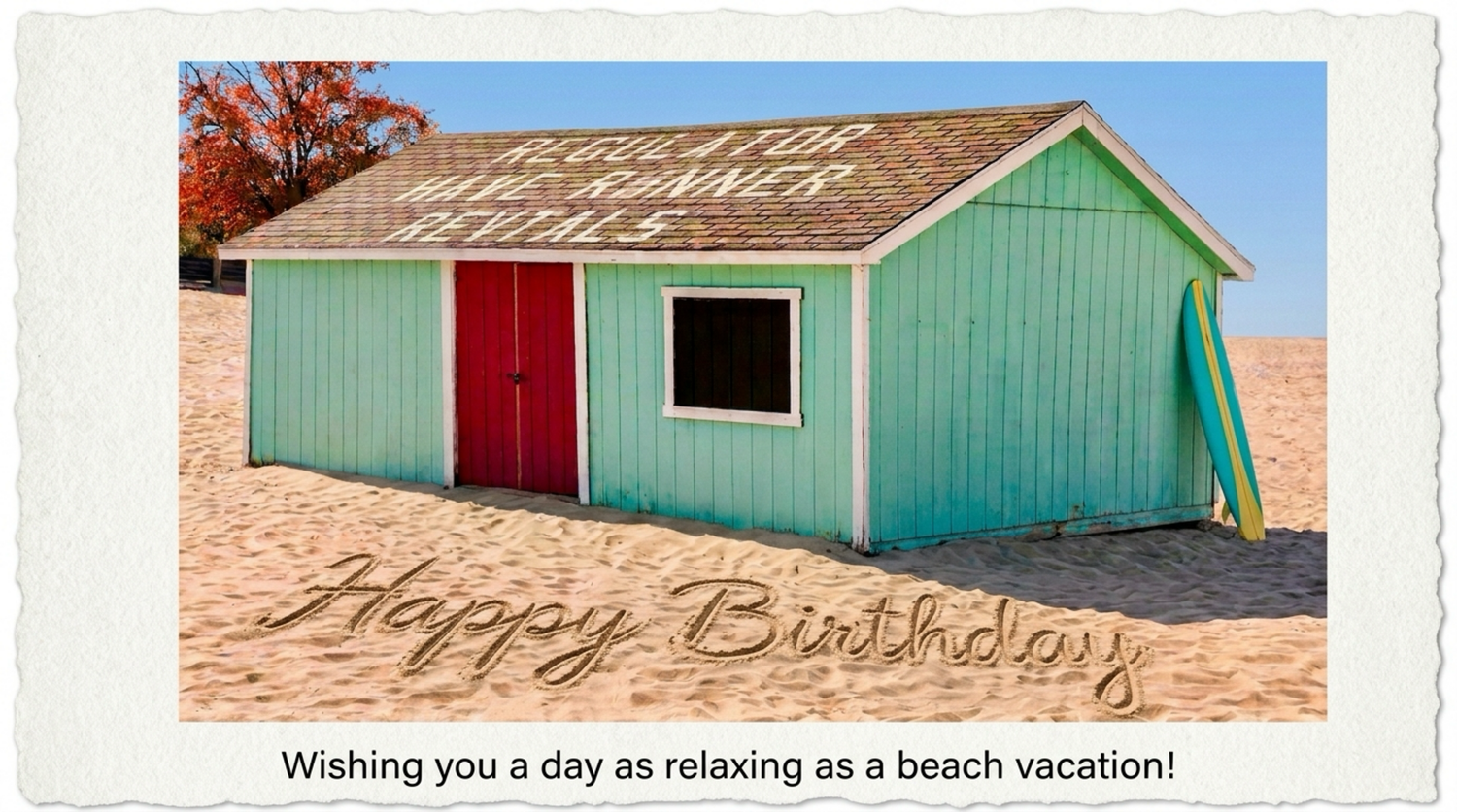 Happy Birthday beach shack greeting card with red door on sandy shore and surfboard leaning against turquoise wall.