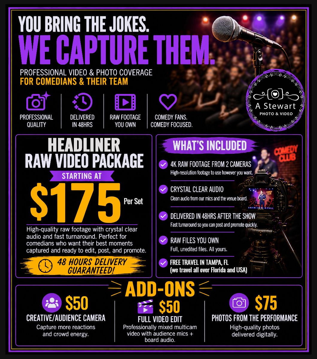 Professional video and photo coverage for comedians and comedy shows featuring raw video packages starting at $175 with 48-hour delivery.