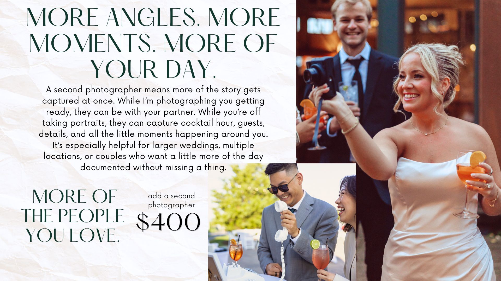 Wedding couple smiling at reception with text promoting second photographer services for $400 to capture more moments.