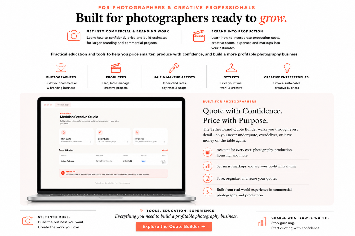 Tether Brand Quote Builder tool interface showing photography business pricing and workshop education resources.