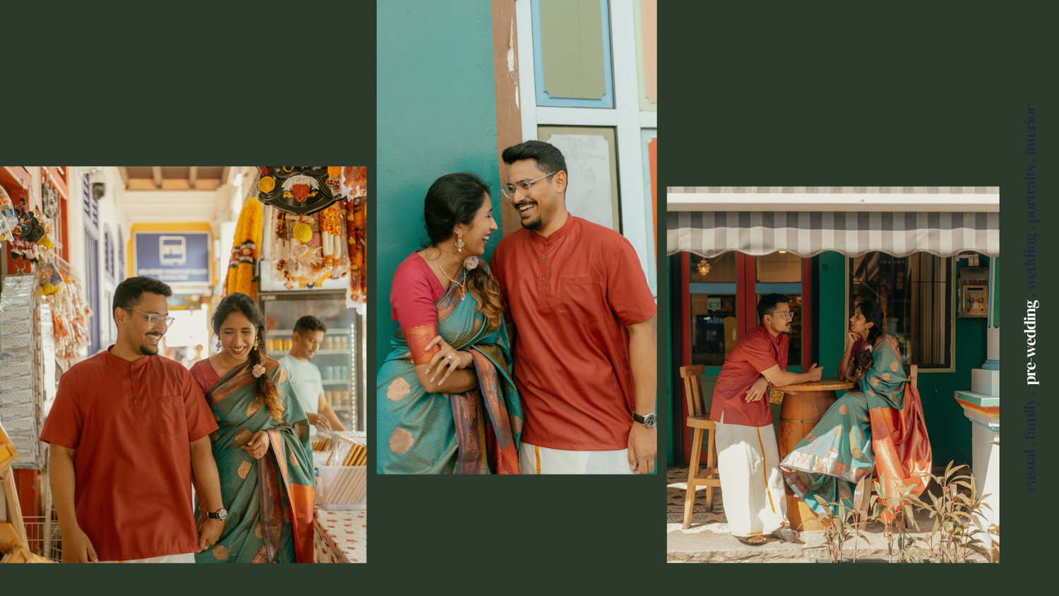 Three wedding photographs displayed in a collage against a deep red background showcase romantic moments and silhouettes.