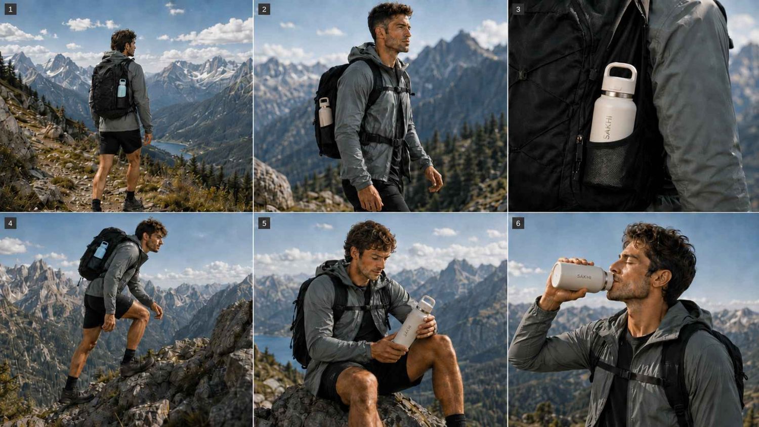 Hiker with backpack and water bottle explores rocky mountain trails with snow-capped peaks in background.