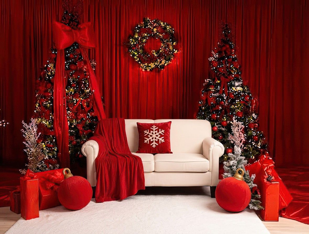 A tattooed woman in black dress holds a baby in Santa hat on a couch with holiday decor.