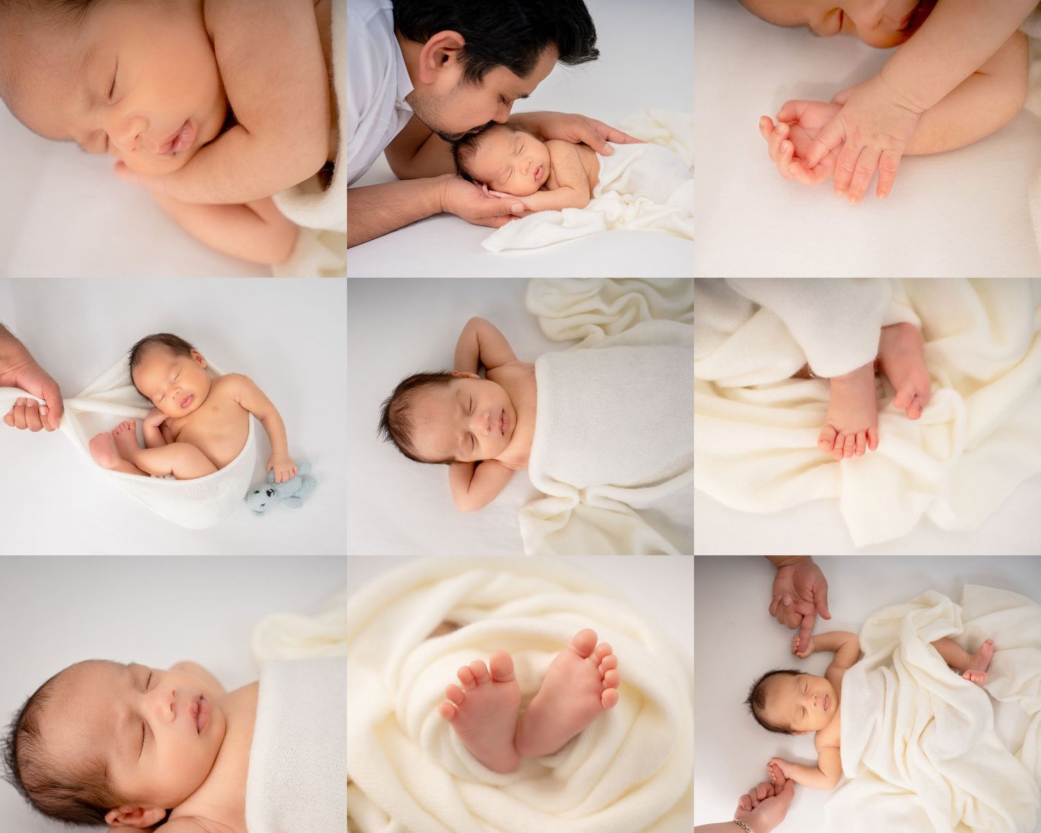 Collage of newborn baby photos with soft white blankets, tiny hands and feet, and a tender parent kiss.