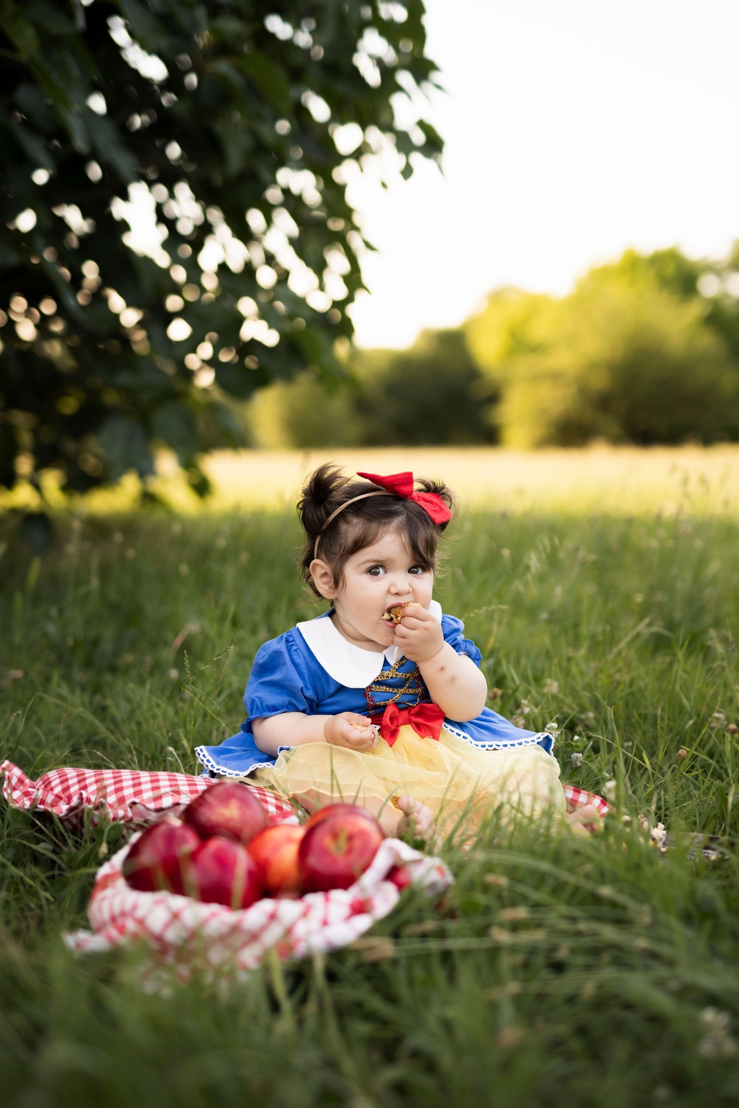Toddler in Snow White costume eating apple beside red checkered basket of apples in sunny green field.
