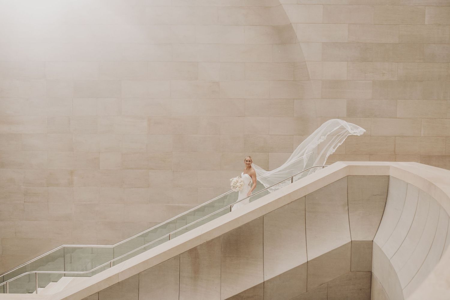 Dallas bride wearing an elegant white wedding gown at the Meyerson Symphony Center
