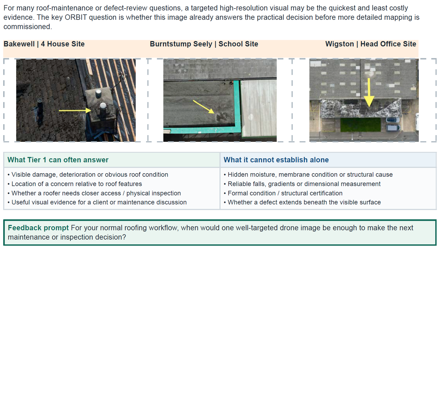 Drone roof inspection comparison showing three property sites with aerial imagery for maintenance and defect review analysis.