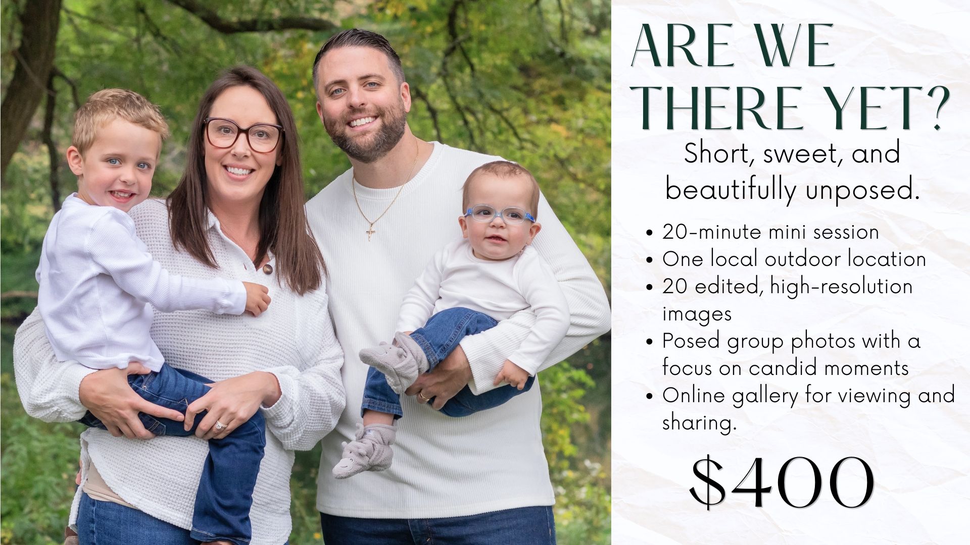 Family of four poses outdoors for an affordable 20-minute mini photography session priced at $400.