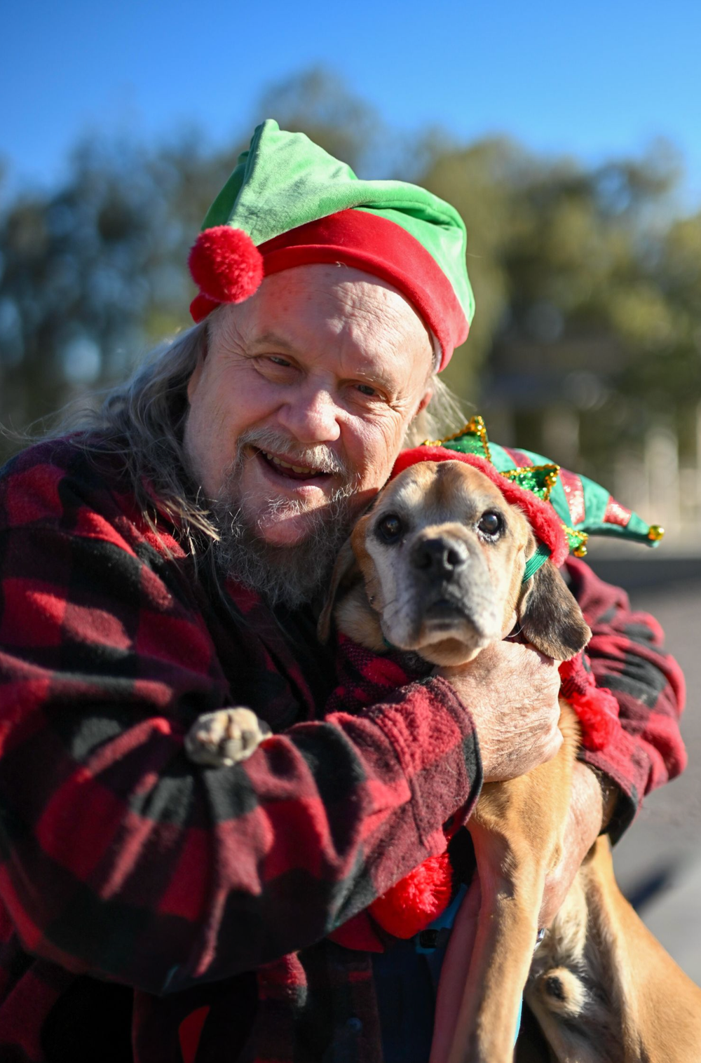 Man and dog wearing matching Christmas elf hats share a festive holiday hug outdoors on a sunny day.