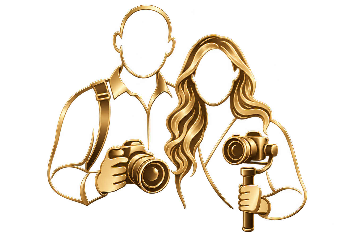Gold illustration of a male photographer with camera and female videographer holding a gimbal stabilizer.