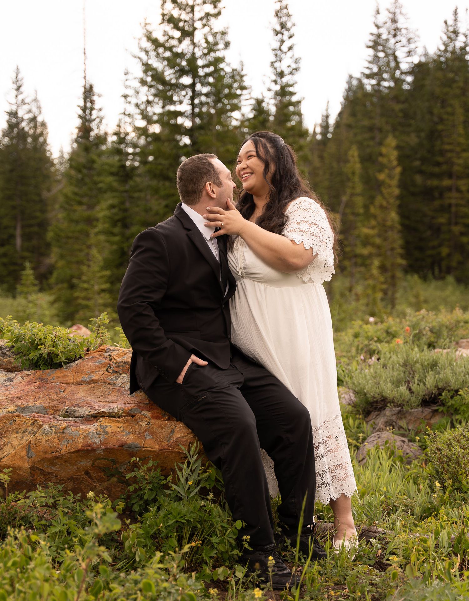 Happy engaged couple in Tony's Grove engagement session