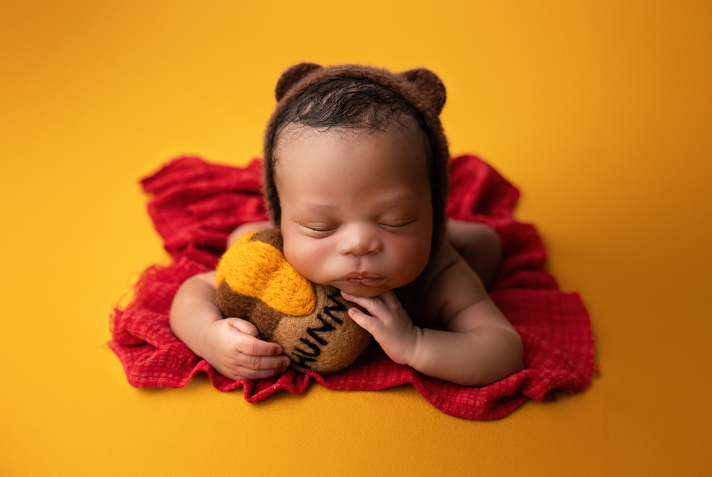 Posed newborn baby boy photographed in a Winnie the Pooh custom setup