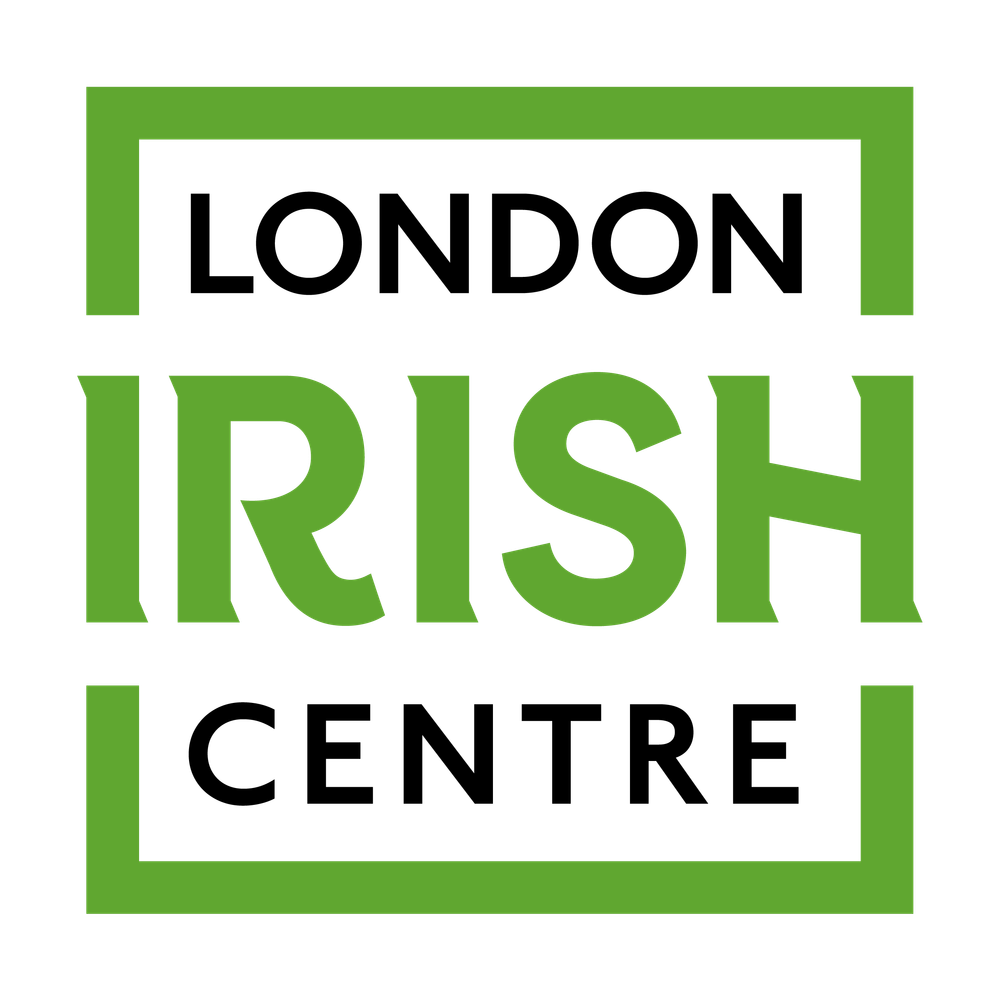 London Irish Centre logo featuring bold green and black typography on a white background with a green border.