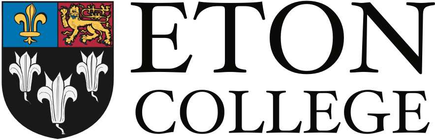 Eton College official logo featuring a heraldic shield with fleur-de-lis and bold serif typography on white background.