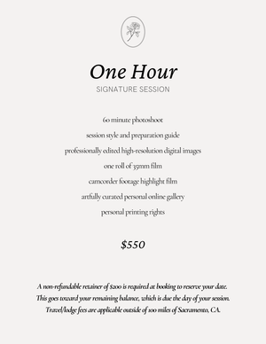 Photography pricing guide for a one-hour signature session at $550 including digital images and film.