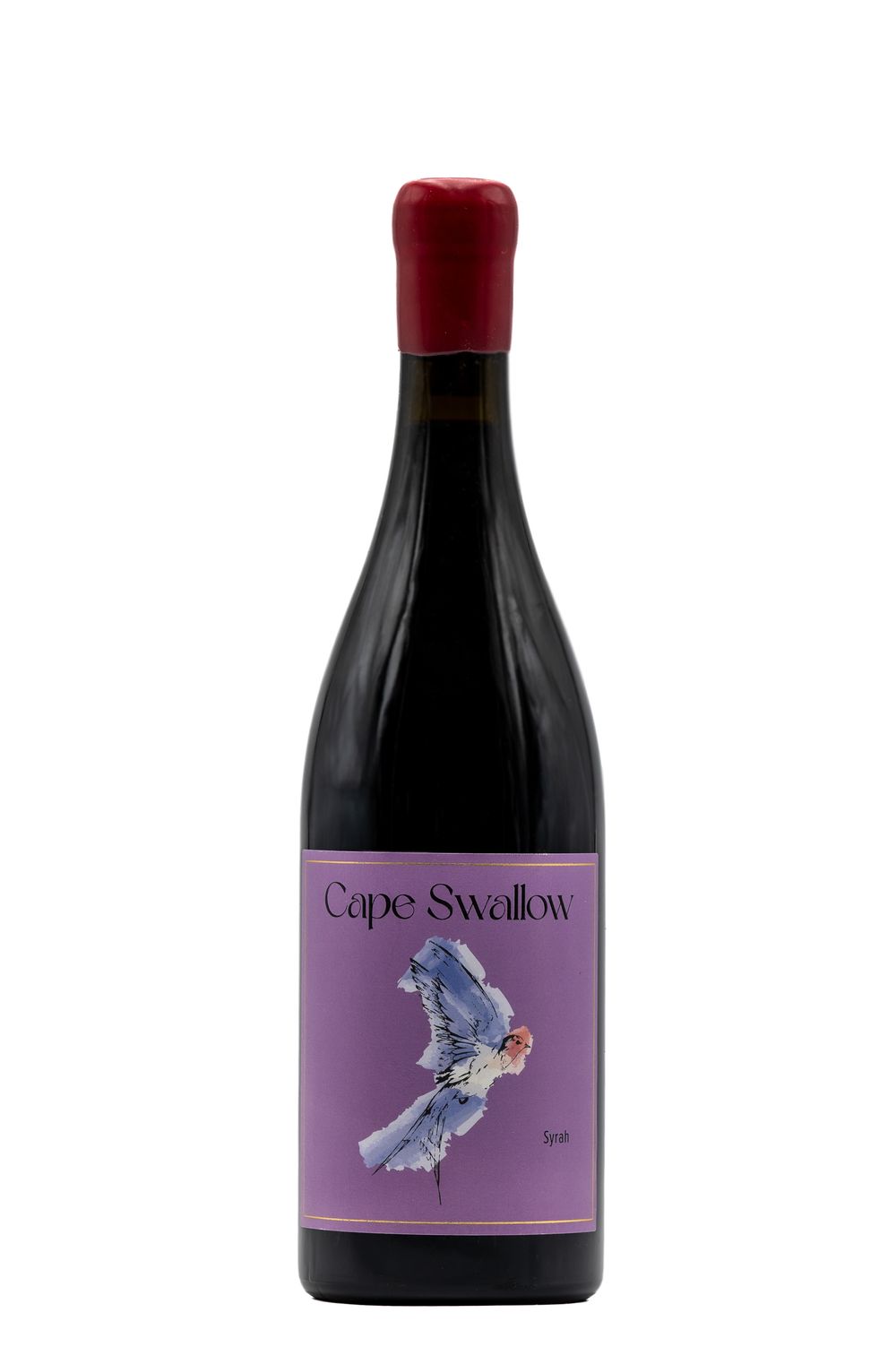 Cape Swallow red wine bottle with purple label featuring a bird illustration and red wax seal top.