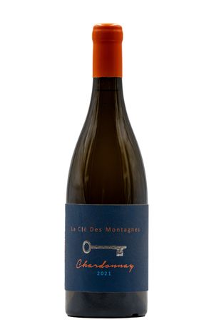 La Clé Des Montagnes Chardonnay 2021 white wine bottle with navy blue label and orange foil capsule.