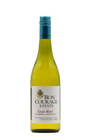 Bon Courage Estate Blend Colombard Chardonnay white wine bottle with teal cap, South African wine.