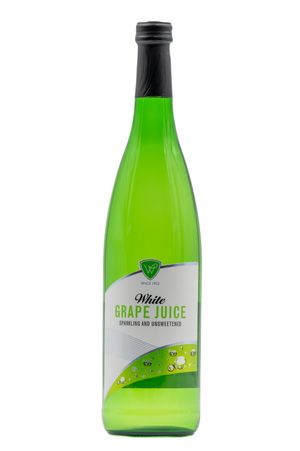Green glass bottle of sparkling unsweetened white grape juice with a black cap and green label.