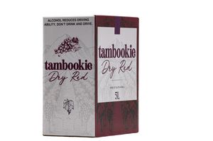 Tambookie Dry Red wine 5L box packaging with grape motif design and alcohol warning label.