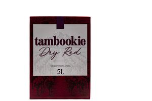 Tambookie Dry Red 5L box wine from South Africa, featuring a dark red and white label design.