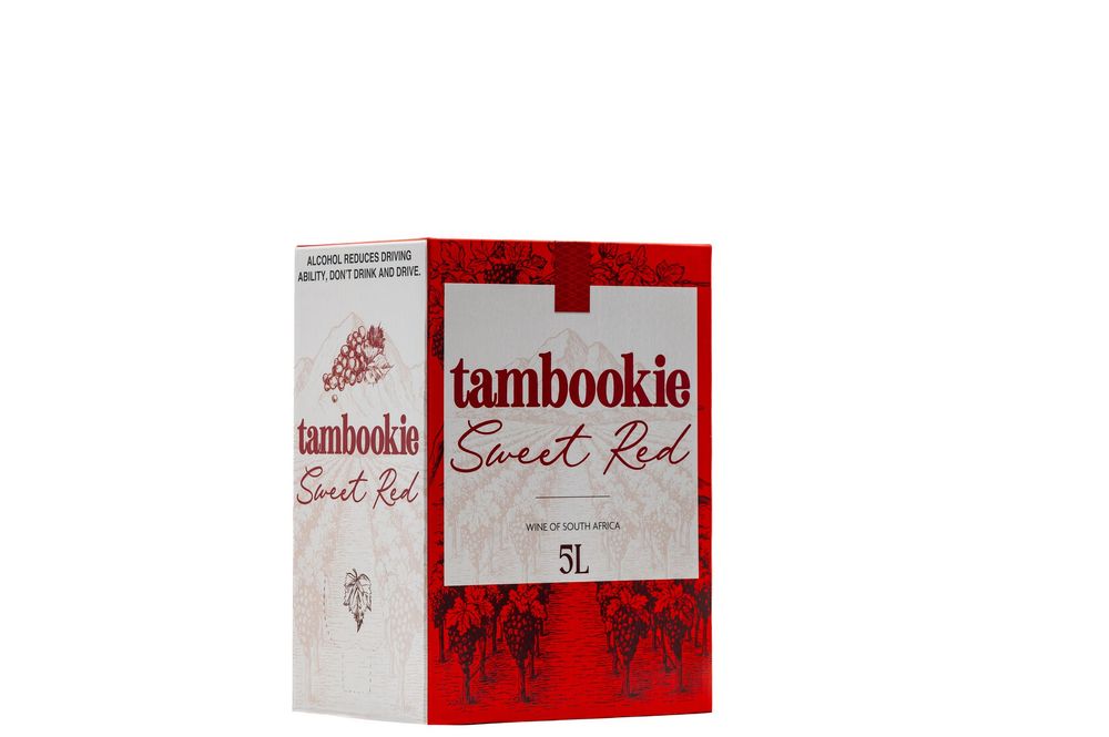 Tambookie Sweet Red 5L box wine, a South African semi-sweet red wine packaged in a convenient bag-in-box format.