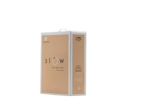 SLOW branded beige box packaging with handle, displayed at an angle showing front and side panels.