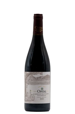 Opstal Cabernet Sauvignon & Cinsault 2024 red wine bottle with vintage label featuring a bicycle.