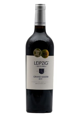 Leipzig Grand Master 2019 South African red wine bottle with double gold winner and award medals on white background.