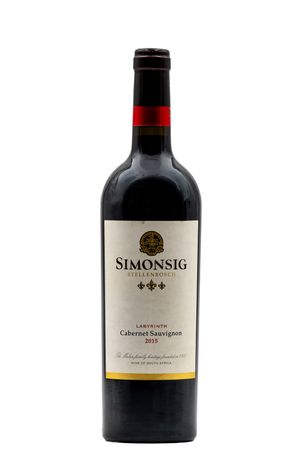 Simonsig Stellenbosch Labyrinth Cabernet Sauvignon 2015 red wine bottle with cream label.