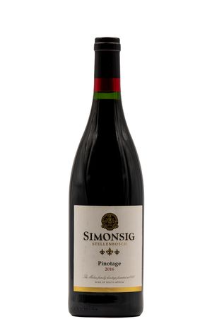 Simonsig Stellenbosch Pinotage 2016 red wine bottle from South Africa with black capsule and cream label.