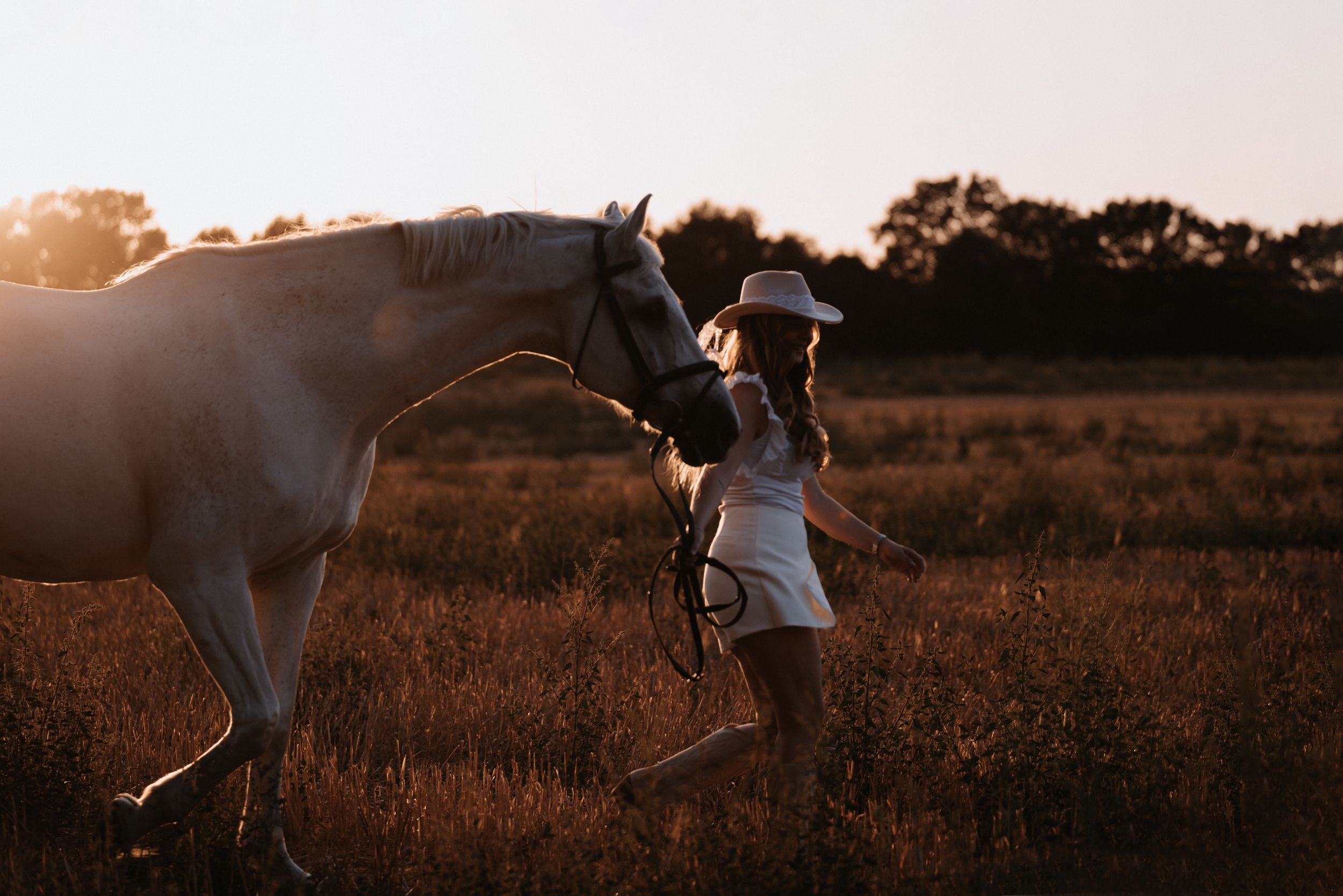 Woman in white dress and hat leads a white horse through a golden sunlit field at sunset.